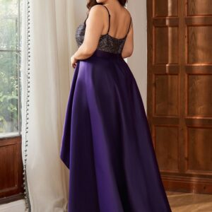 Ever-Pretty Women's Plus Size Sequin V-Neck High-Low A-line Evening Dress Prom Gowns Purple US18
