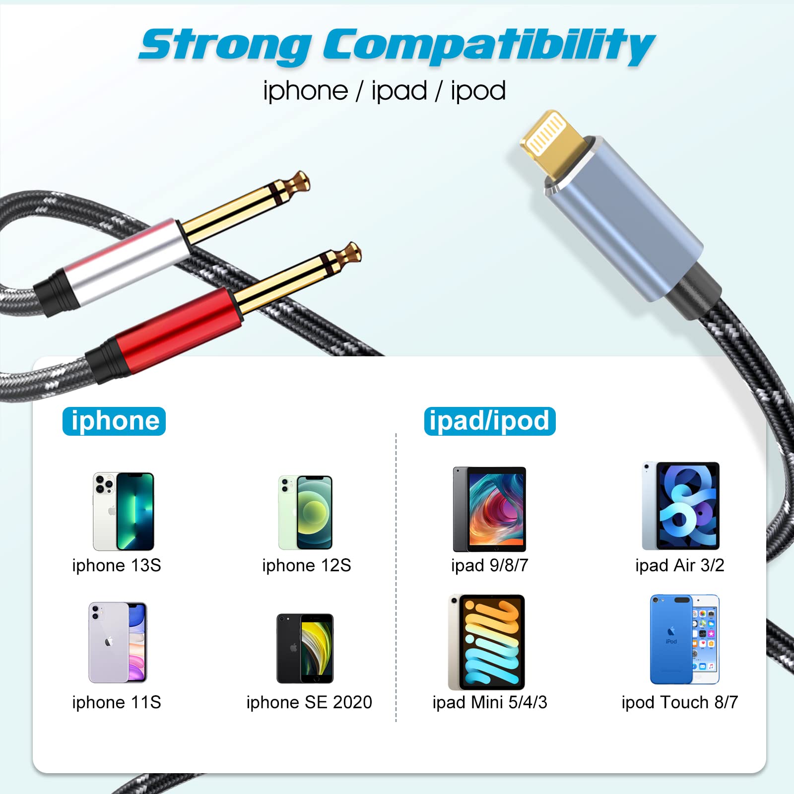 DCNETWORK Lightning to Dual 6.35mm 1/4" TS Mono Stereo Y-Cable Splitter to Dual 1/4 inch Audio Cable Compatible for iPhone12/11/X/XS/XR/8/7/iPad,Amplifier, Speaker, Headphone, Mixing Console 10FT