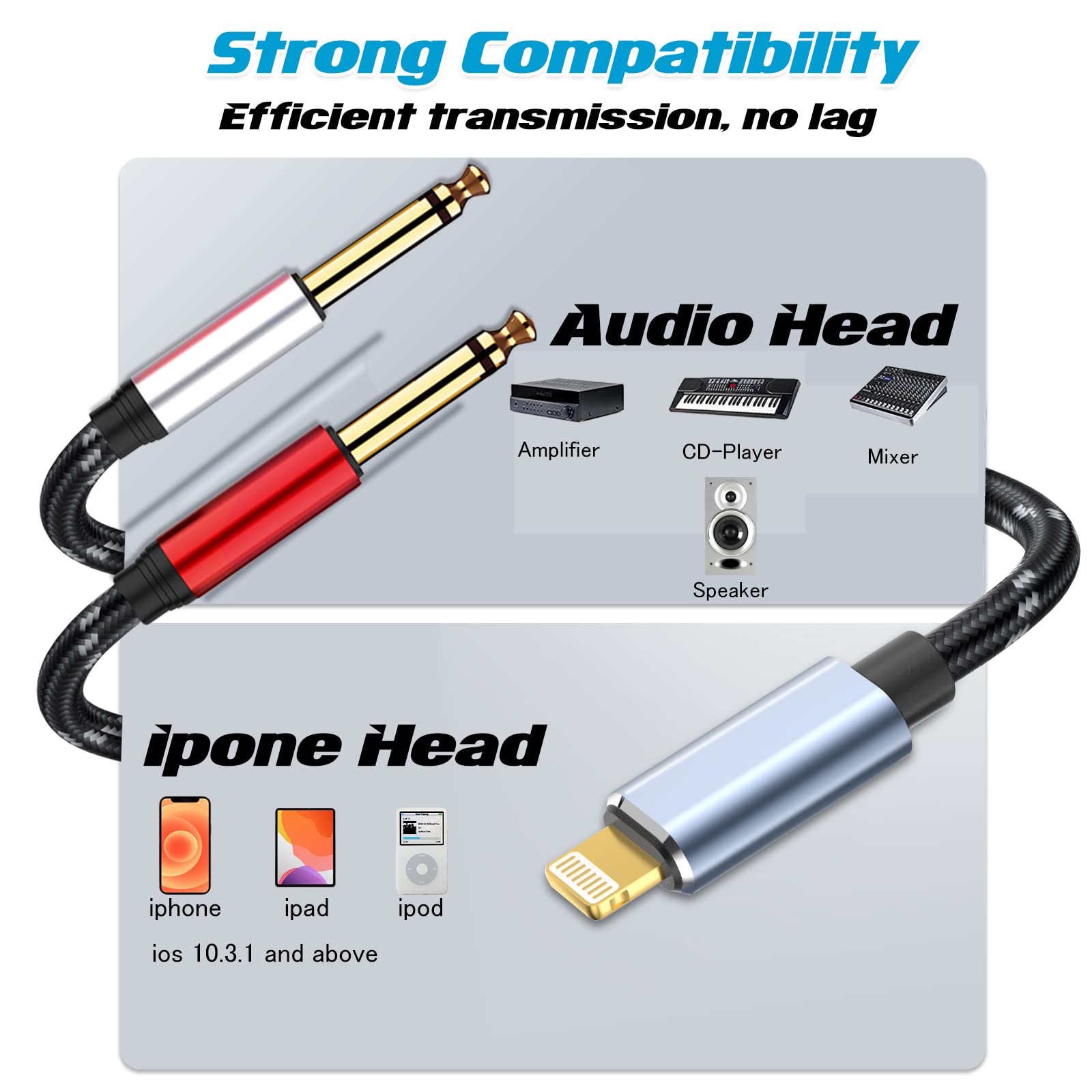 DCNETWORK Lightning to Dual 6.35mm 1/4" TS Mono Stereo Y-Cable Splitter to Dual 1/4 inch Audio Cable Compatible for iPhone12/11/X/XS/XR/8/7/iPad,Amplifier, Speaker, Headphone, Mixing Console 10FT