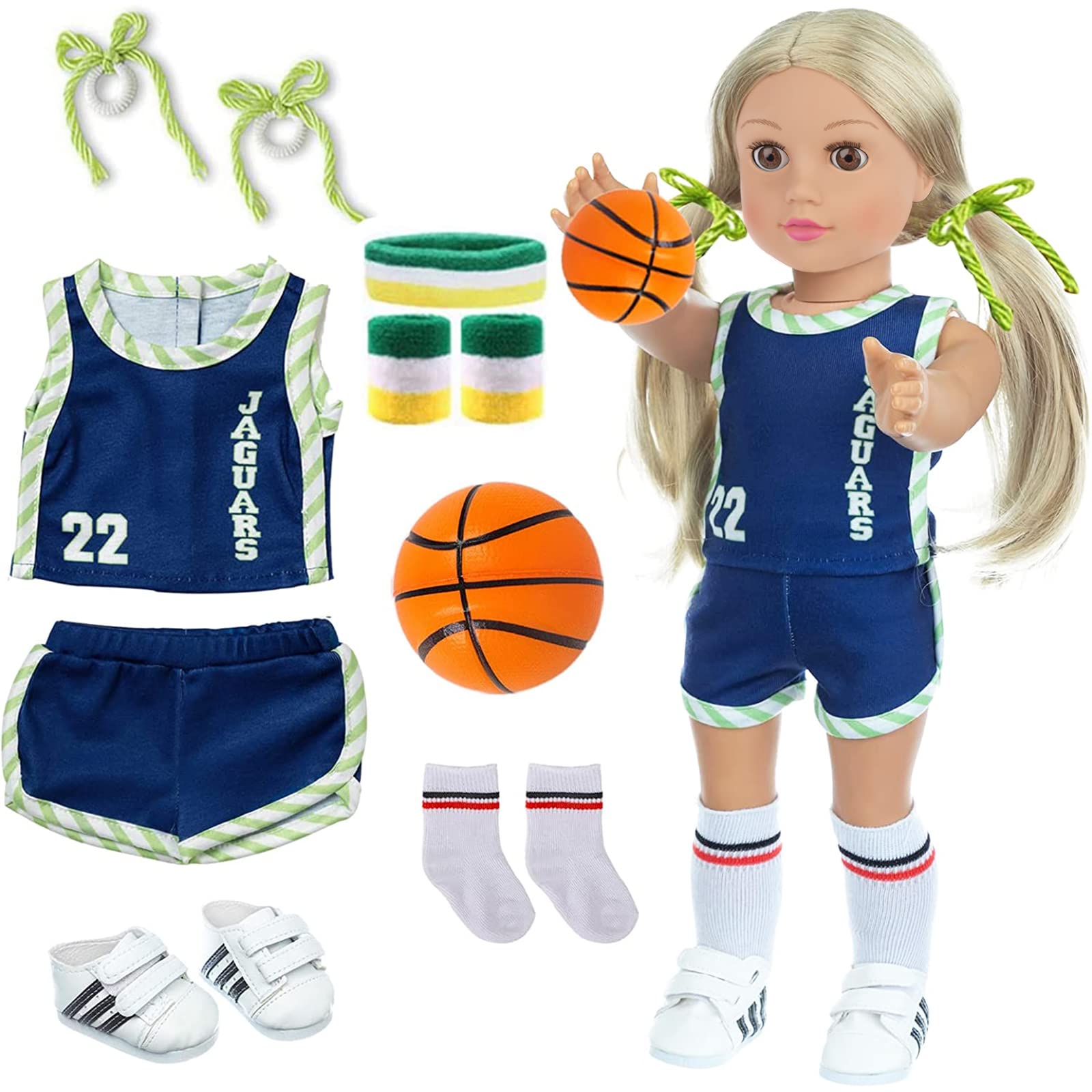 18 Inch Doll Clothes and Accessories - Basketball Clothes Sports Set Designed for 18 Inch Girl Doll Include Doll Clothes, Hair Bands, Bracers, Shoes, Socks and Basketball