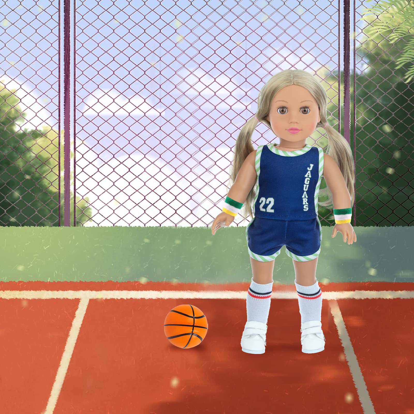 18 Inch Doll Clothes and Accessories - Basketball Clothes Sports Set Designed for 18 Inch Girl Doll Include Doll Clothes, Hair Bands, Bracers, Shoes, Socks and Basketball