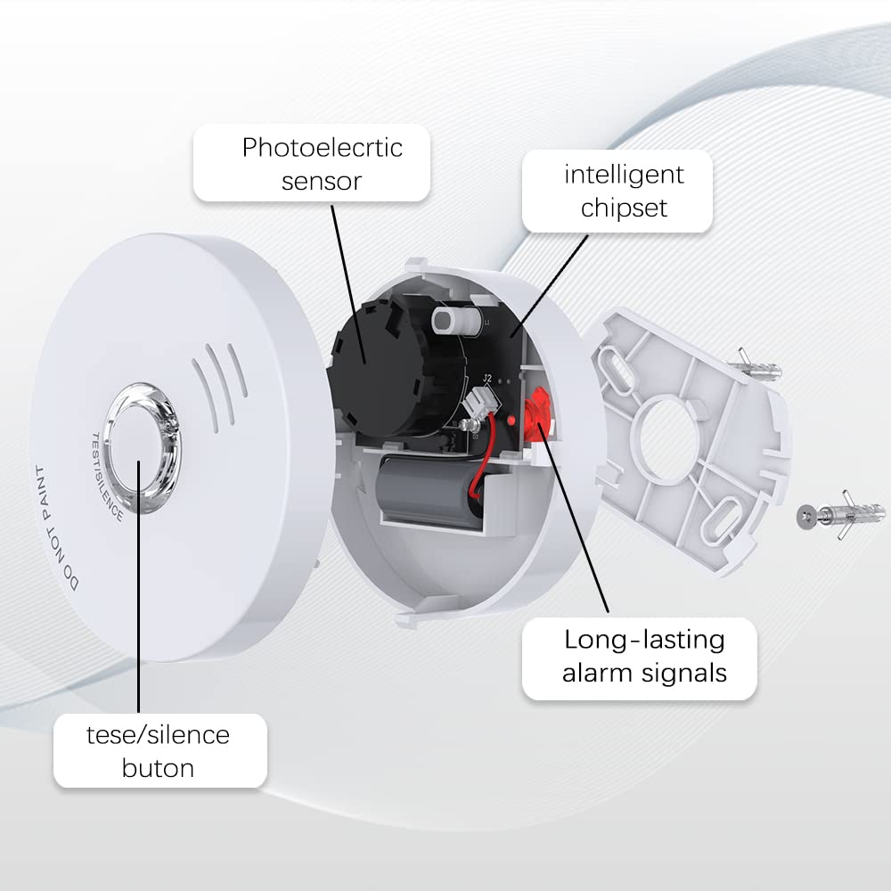 Andyssey Smoke Detector, 10 Year Battery Operated Smoke Alarm with LED Indicator, Photoelectric Fire Alarm Smoke Detector with Test & Silence Button for Home, 2 Packs