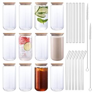 morningrising glass cups with lids and straws set of 12, 16 oz beer glasses, drinking glasses, glass cups, iced coffee glasses for beer, cocktail, whiskey, smoothies