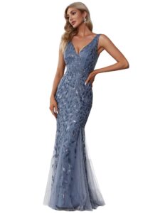 ever-pretty women's formal dress sequin double v-neck sleeveless mermaid long evening dress dusty navy us10
