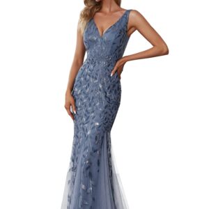 Ever-Pretty Women's Formal Dress Sequin Double V-Neck Sleeveless Mermaid Long Evening Dress Dusty Navy US10