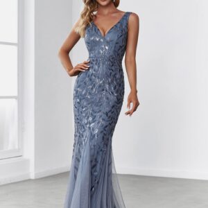 Ever-Pretty Women's Formal Dress Sequin Double V-Neck Sleeveless Mermaid Long Evening Dress Dusty Navy US10