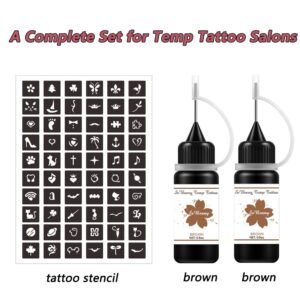 Temporary Body Art Painting Kit Temporary Tattoo Paste Natural Color Temp Tattoos Semi Permanent Freehand Gel(Plant Based) DIY Fake Freckles 60Pcs Small Tattoo Stencils Full Kit 2 Bottles(Brown)