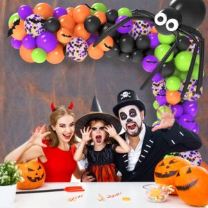 Halloween Balloon Garland Kit with Spider Bat Balloon Black Orange Purple Green Confetti Long Balloons 3D Bat Sticker for Halloween Theme Party Supplies Classroom Background Decorations