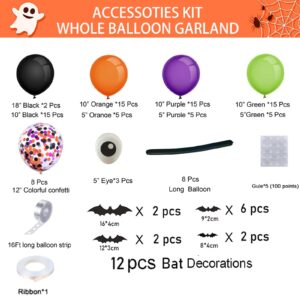 Halloween Balloon Garland Kit with Spider Bat Balloon Black Orange Purple Green Confetti Long Balloons 3D Bat Sticker for Halloween Theme Party Supplies Classroom Background Decorations