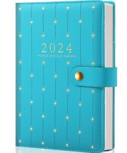 daily planner 2023 agenda weekly & monthly planner 2022-2023 appointment leather planner for women students time management journal with pen holder, pocket, premium beige paper, 5.9" x 8.7", blue