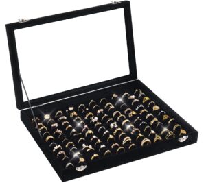 ring organizer for jewelry, ring holder box with clear lid, dustproof velvet rings display tray storage case, 100 slot glass top jewelry tray drawer insert for multiple rings studs earring (black)