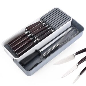 expandable kitchen knife drawer organizer, compact cutlery organizer storage knife holder, with adjustable storage tray for knife block, insert-holds 9 knives and store other kitchen gadgets
