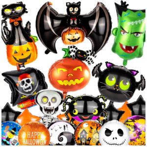 20 Pcs Halloween Balloons, Large 30IN Bat, Pumpkin, Spider, Skeleton Skull, Star Shape Mylar Balloon, Black & Orange & Purple Helium Foil Balloon for Party Decorations