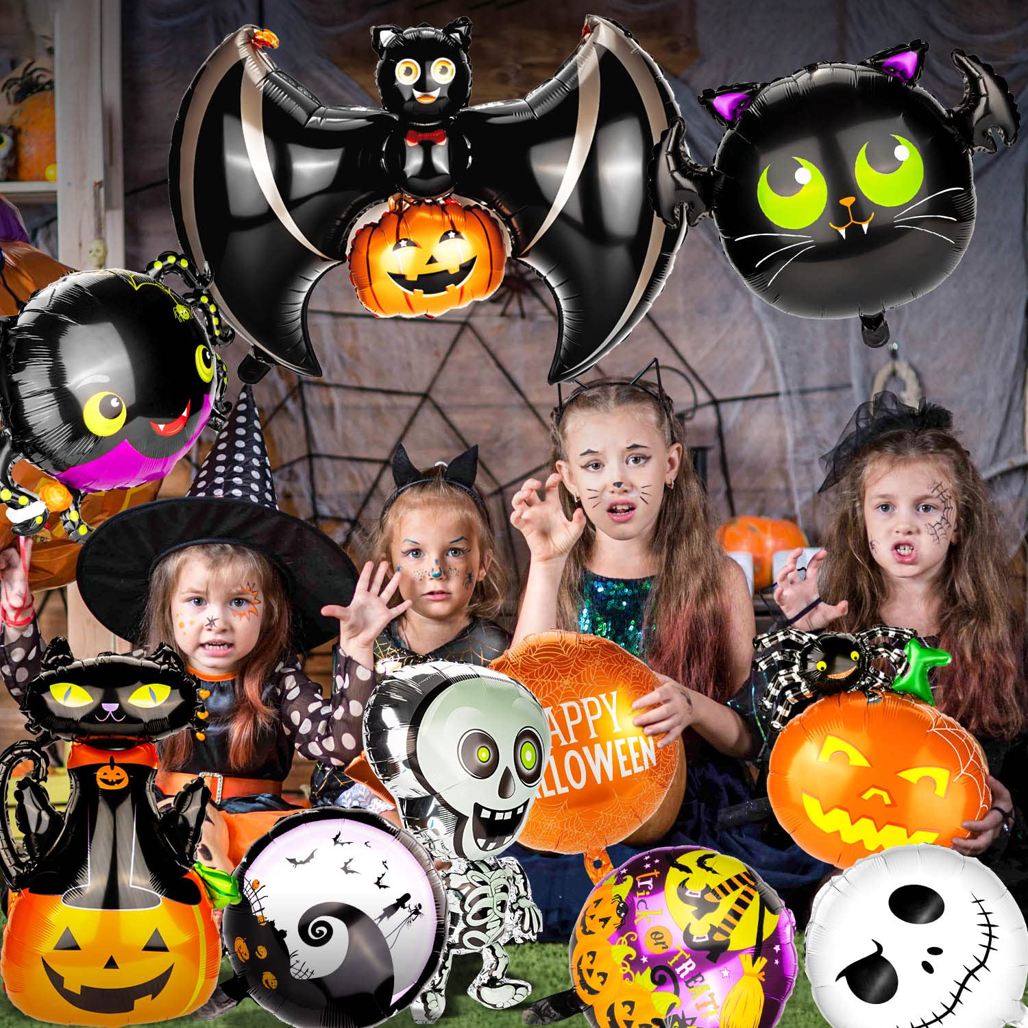 20 Pcs Halloween Balloons, Large 30IN Bat, Pumpkin, Spider, Skeleton Skull, Star Shape Mylar Balloon, Black & Orange & Purple Helium Foil Balloon for Party Decorations