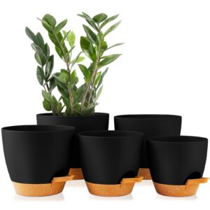 gardife plant pots 7/6.5/6/5.5/5 inch self watering planters with drainage hole, plastic flower pots, nursery planting pot for all house plants, succulents,snake plant, african violet, flowers,black