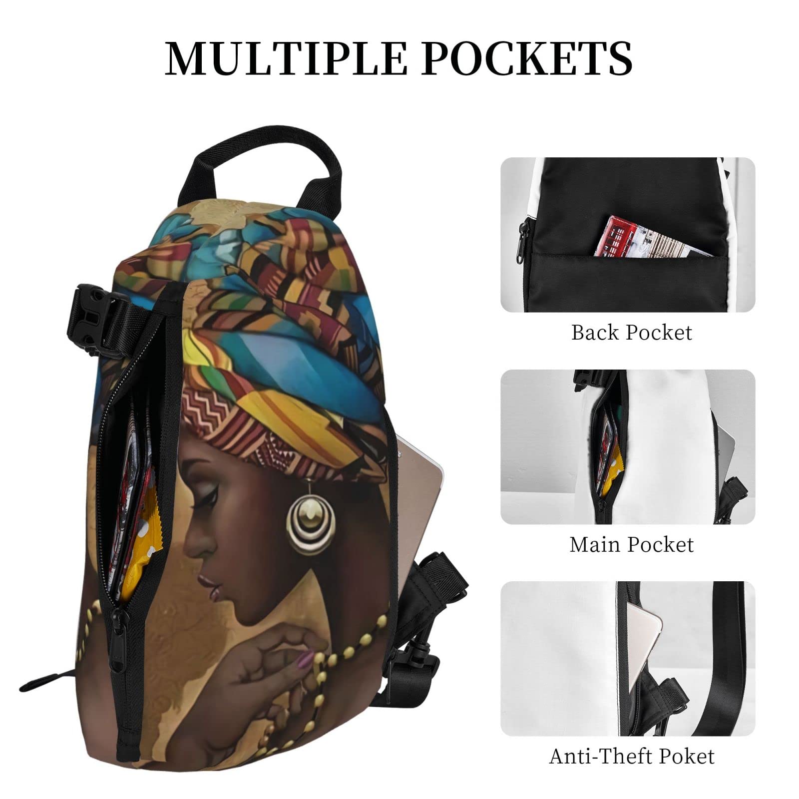 Ykklima Afro African American Woman Pattern Sling Backpack Rope Crossbody Shoulder Bag for Men Women Travel Hiking Outdoor Daypack