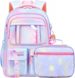 wraifa girls backpack elementary school backpacks for girls cute princess preschool middle school bag kids bookbag (z-heart purple with lunch box)