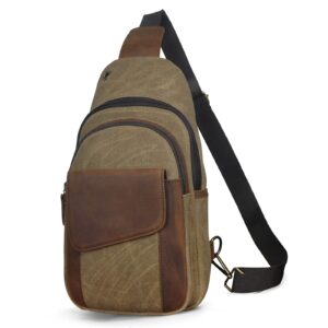 le'aokuu men canvas and genuine leather outdoor casual travel hiking waterproof crossbody chest sling bag shoulder strap backpack 8013 (0 brown)