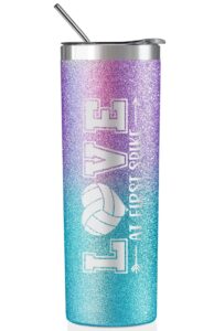 onebttl volleyball gifts for teen girls & team, stainless steel kids volleyball tumbler, double wall vacuum insulated bottle with lid and straw 20oz - love at first spike (glitter purple blue)