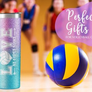 Onebttl Volleyball Gifts for Teen Girls & Team, Stainless Steel Kids Volleyball Tumbler, Double Wall Vacuum Insulated Bottle with Lid and Straw 20oz - Love at first Spike (Glitter Purple Blue)