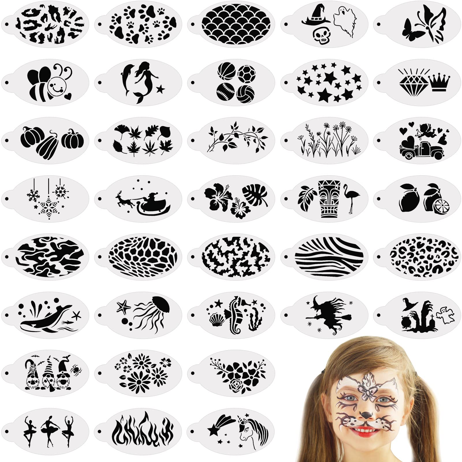 36 Pcs Face Paint Stencils Reusable Makeup Temporary Tattoos Stencils Body Face Painting Stencils Mermaid Unicorn Leopard Tattoo Witch Ghost Pumpkin Skull Templates for Halloween (Fresh Style)