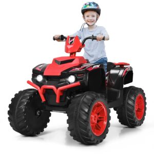 olakids 12v kids ride on atv, 4 wheeler electric vehicle for toddlers, battery powered motorized quad toy car for boys girls with led lights, music, horn, high low speed, soft start (red)