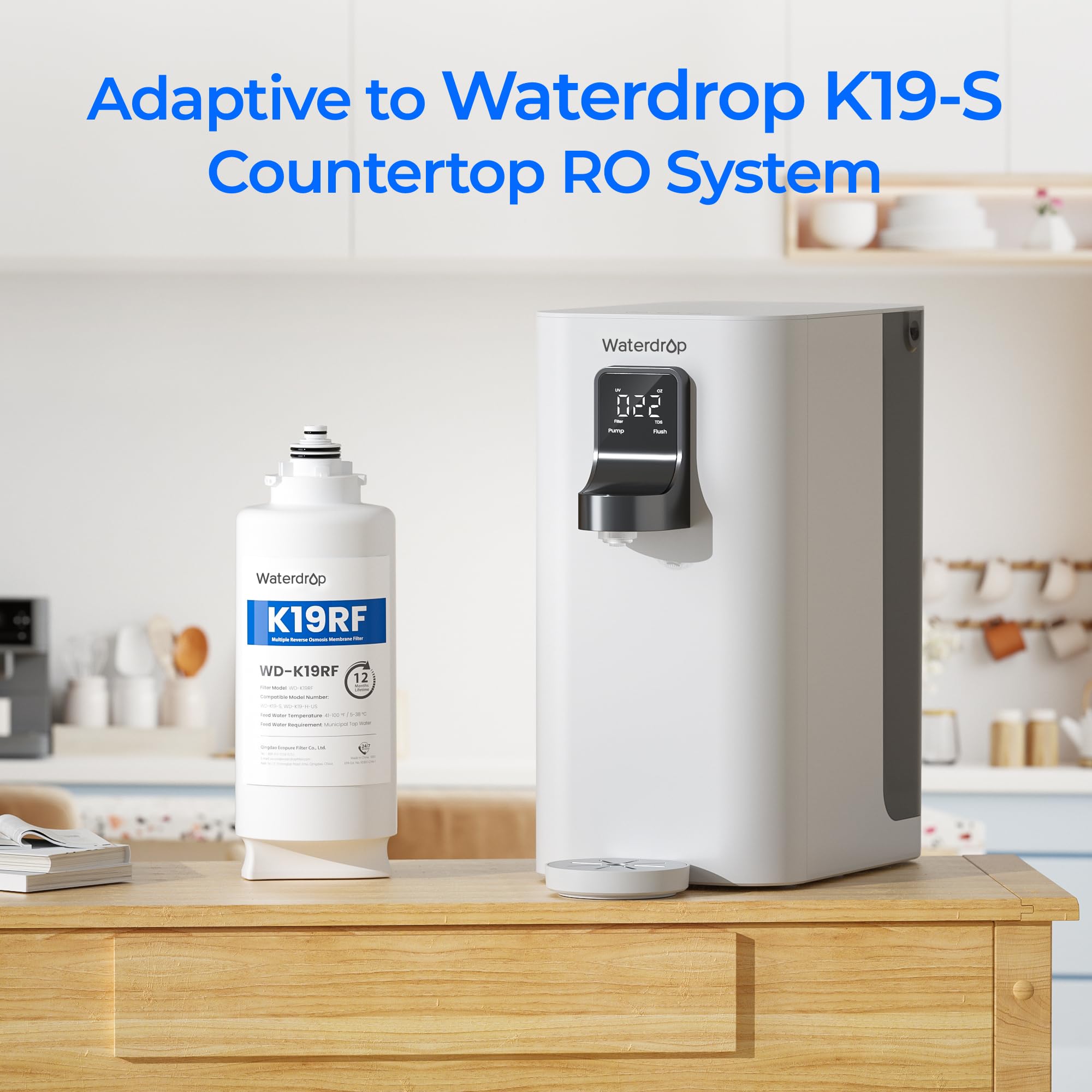 Waterdrop WD-K19RF Filter, Replacement for WD-K19-S and WD-K19-H Countertop Reverse Osmosis System, 12-month Lifetime