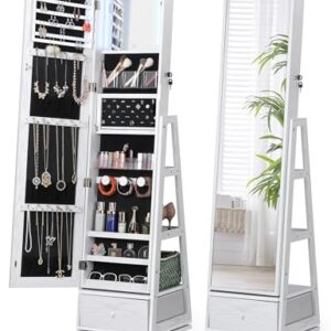 Nicetree 360° Swivel Jewelry Cabinet with Lights, Touch Screen Vanity Mirror, Rotatable Full Length Mirror with Jewelry Storage, Standing Jewelry Armoire Organizer, Foldable Makeup Shelf, White