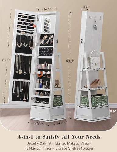 Nicetree 360° Swivel Jewelry Cabinet with Lights, Touch Screen Vanity Mirror, Rotatable Full Length Mirror with Jewelry Storage, Standing Jewelry Armoire Organizer, Foldable Makeup Shelf, White