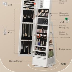 Nicetree 360° Swivel Jewelry Cabinet with Lights, Touch Screen Vanity Mirror, Rotatable Full Length Mirror with Jewelry Storage, Standing Jewelry Armoire Organizer, Foldable Makeup Shelf, White