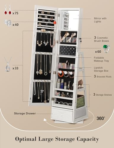 Nicetree 360° Swivel Jewelry Cabinet with Lights, Touch Screen Vanity Mirror, Rotatable Full Length Mirror with Jewelry Storage, Standing Jewelry Armoire Organizer, Foldable Makeup Shelf, White