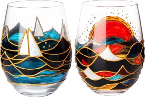 the wine savant artisanal hand painted sunrise glasses, stemless set of 2 wine, water & whiskey glasses crystal tumblers - gift idea for her, him, birthday, housewarming - large goblets (18.5 oz)
