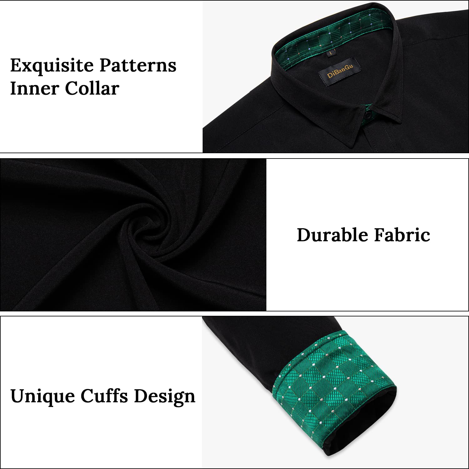 DiBanGu Men's Business Black Green Dress Shirt Long Sleeve Regular Fit Casual Button Down Shirt