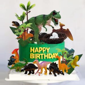 GLAHORSE 26 PCS Dinosaur Cake Toppers With Dinosaur Eggs Leaves Trees Cake Decorations For Birthday,Dinosaur Themed,Jungle Safari, Wild Animals,Kids Party Decorations