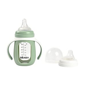 beaba 2-in-1 glass baby bottle to glass training sippy cup, learning cup, baby bottle with soft silicone nipple and sippy spout, baby, toddler 7 oz (sage)