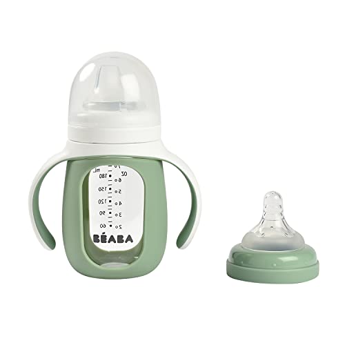 BEABA 2-in-1 Glass Baby Bottle to Glass Training Sippy Cup, Learning Cup, Baby Bottle with Soft Silicone Nipple and Sippy Spout, Baby, Toddler 7 oz (Sage)