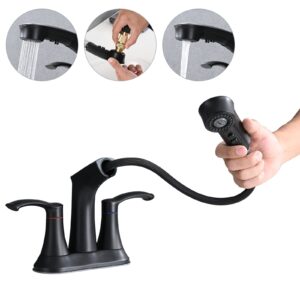 Besfelos Bathroom Faucet with Pull Out Sprayer, 4 Inch Centerset 3 Hole Faucet Utility Sink Faucet, 2 Handle Pull Out Faucet for Bathroom, Utility Sink or Laundry Tub, Matte Black