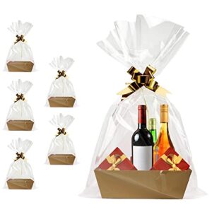 basket for gifts empty, 5 pcs sturdy diy bulk gift basket kraft market tray cardboard basket with handles, gift basket kit supplies wrap to fill for holiday birthday christmas valentines thanksgiving