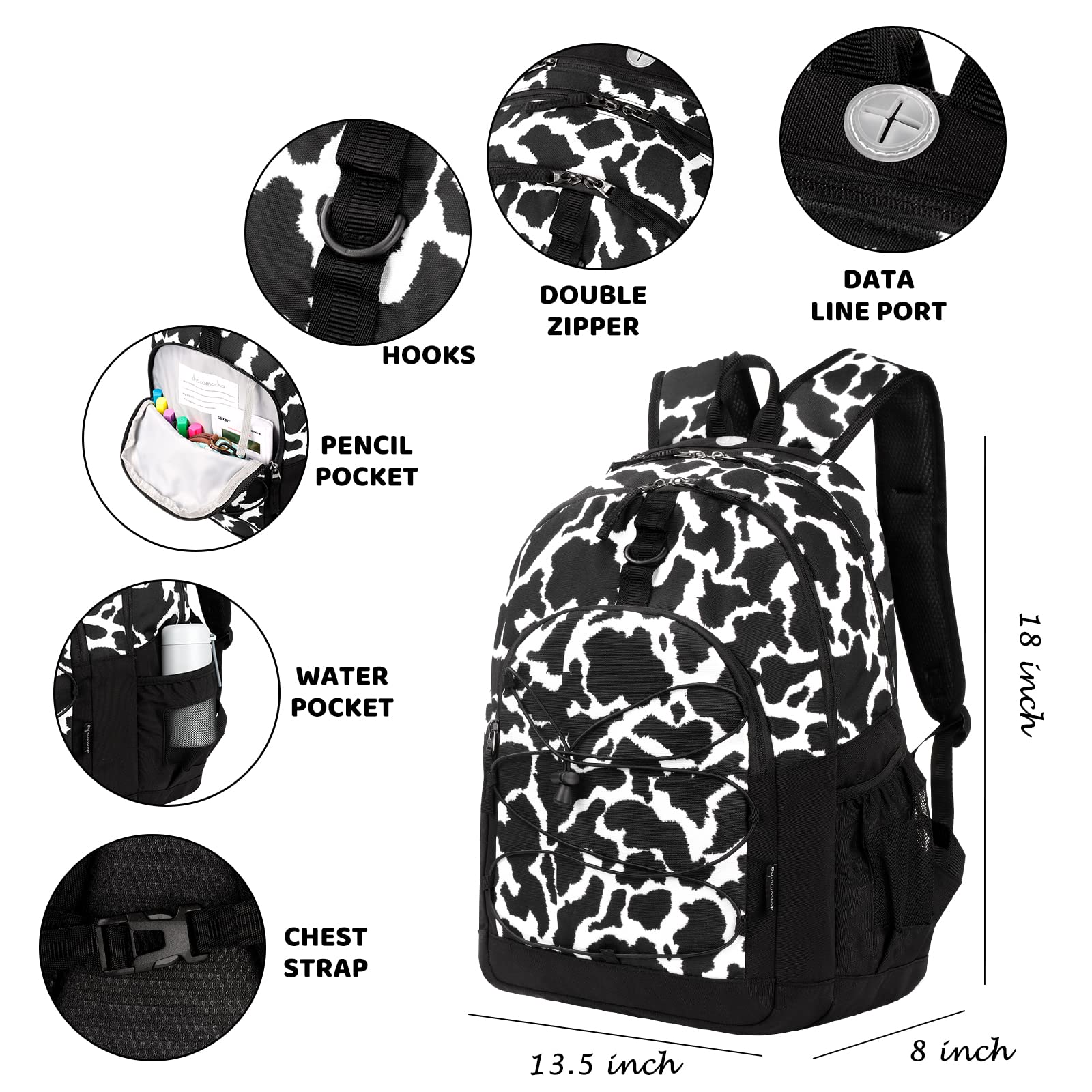 Choco Mocha Cow Print Backpack for Teen Girls, Travel School Backpack for Girls Middle School Large Bookbag 18 Inch, Black