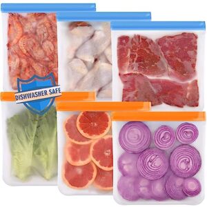 lerine 6 pack reusable gallon freezer bags dishwasher safe, bpa free reusable freezer bags 1 gallon, extra thick leakproof reusable silicone storage bags for marinate meats, cereal, veggies,fruits