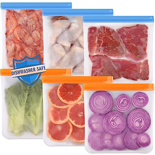 Lerine 6 Pack Reusable Gallon Freezer Bags Dishwasher Safe, BPA Free Reusable freezer bags 1 Gallon, Extra Thick Leakproof Reusable Silicone Storage Bags for Marinate Meats, Cereal, Veggies,Fruits