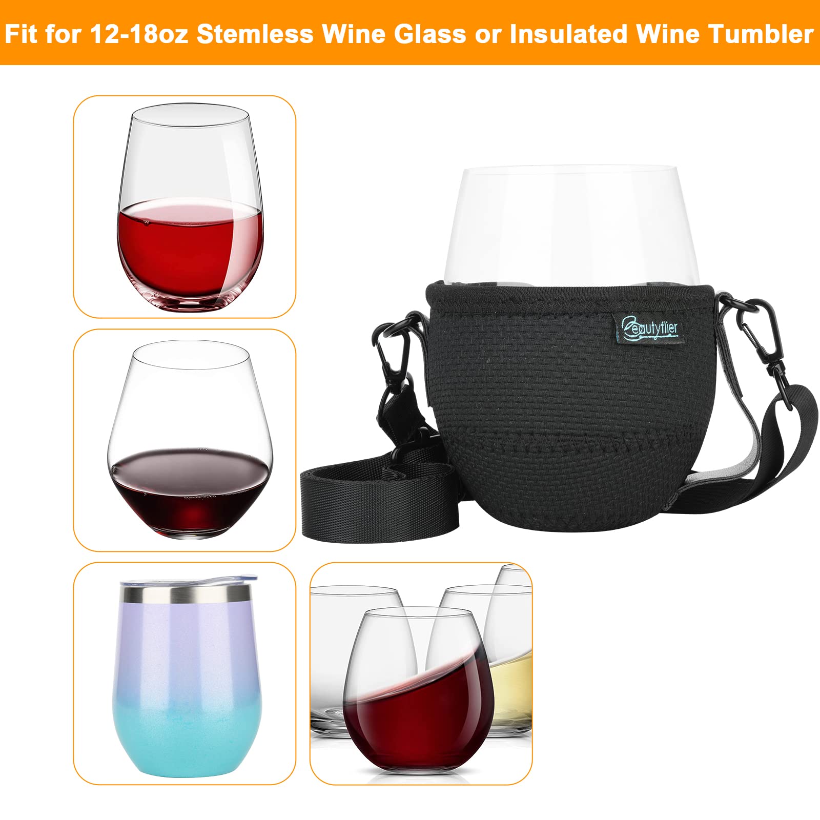 Beautyflier Stemless Wine Glass Insulator with Adjustable Neck Strap for Wine Walk Wine Tasting Festival Event (Stemless,15-18oz)