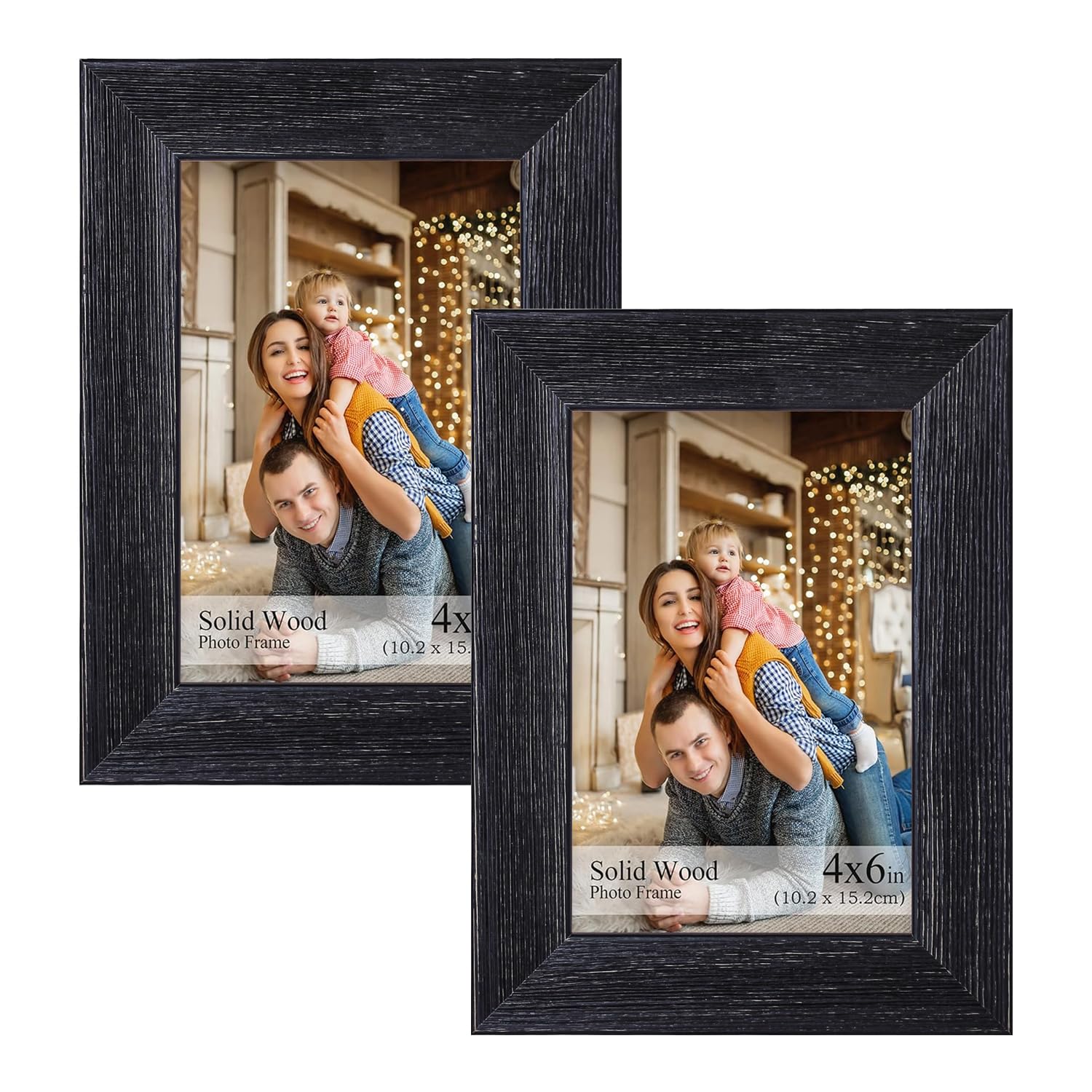 4x6 Picture Frame, Natural Solid Wood 4 by 6 Picture Frame for Tabletop or Wall Display Real Glass Rustic Black (2 Pack)