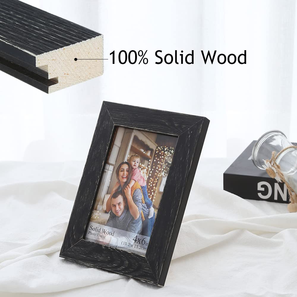 4x6 Picture Frame, Natural Solid Wood 4 by 6 Picture Frame for Tabletop or Wall Display Real Glass Rustic Black (2 Pack)