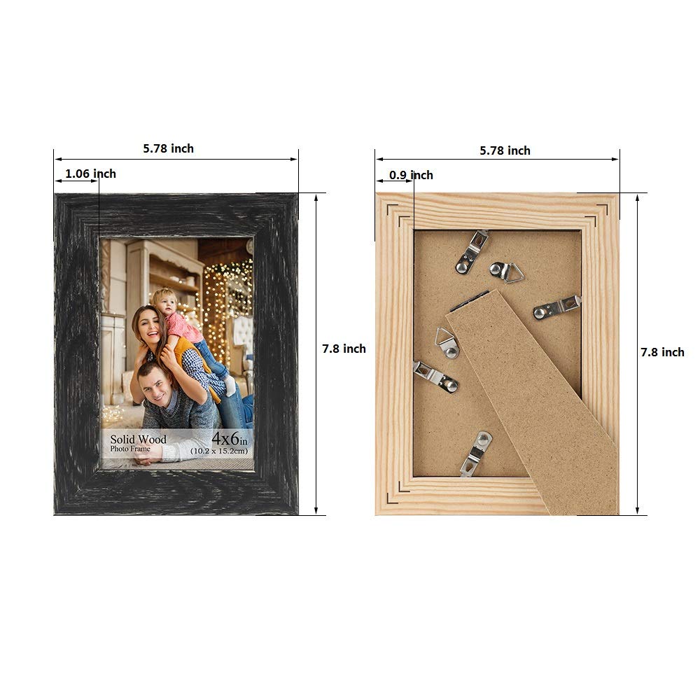 4x6 Picture Frame, Natural Solid Wood 4 by 6 Picture Frame for Tabletop or Wall Display Real Glass Rustic Black (2 Pack)