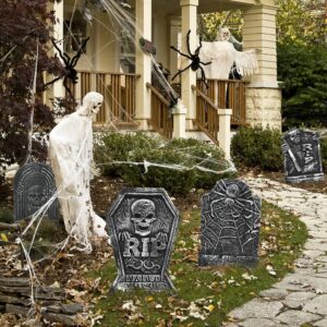 Halloween Foam RIP Graveyard Tombstones (5 Pack), Headstone Halloween Yard Decorations with 10 Metal Stakes, Foam Tombstone Halloween Decorations for Lawn Yard Garden Outdoor Indoor Decorations