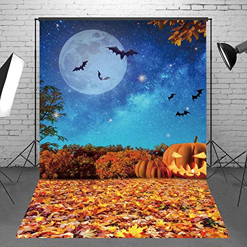 Msocio 5x7ft Polyester Halloween Backdrop Moonlight Pumpkin Fallen Leaves Photography Background for Birthday Baby Shower Trick or Treat Party Decoration Banner Photo Studio Props