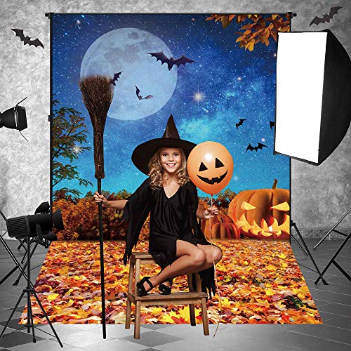 Msocio 5x7ft Polyester Halloween Backdrop Moonlight Pumpkin Fallen Leaves Photography Background for Birthday Baby Shower Trick or Treat Party Decoration Banner Photo Studio Props