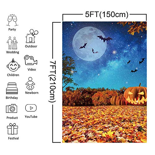 Msocio 5x7ft Polyester Halloween Backdrop Moonlight Pumpkin Fallen Leaves Photography Background for Birthday Baby Shower Trick or Treat Party Decoration Banner Photo Studio Props