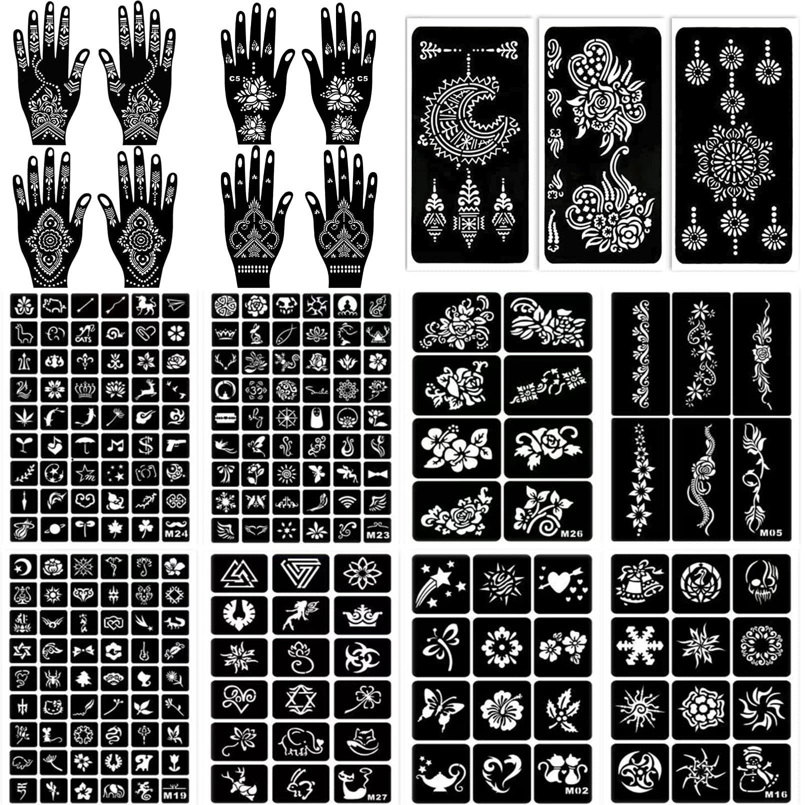 ChurlChurl 229pcs Henna Tattoo Stencils, 19 Sheets Temporary Tattoo Stencils for Women Girls Kids Face Body Paint DIY Art Glitter Airbrush Tattoo Stencils Pack